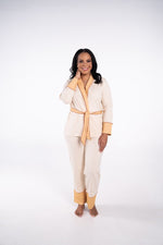 Rhea Cherie Long Lounge Set with long sleeves and pants in cream, tan and rust color