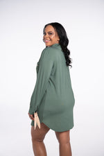 Rhea Cherie modern sleepshirt in green and tan bow sleeve accent 
