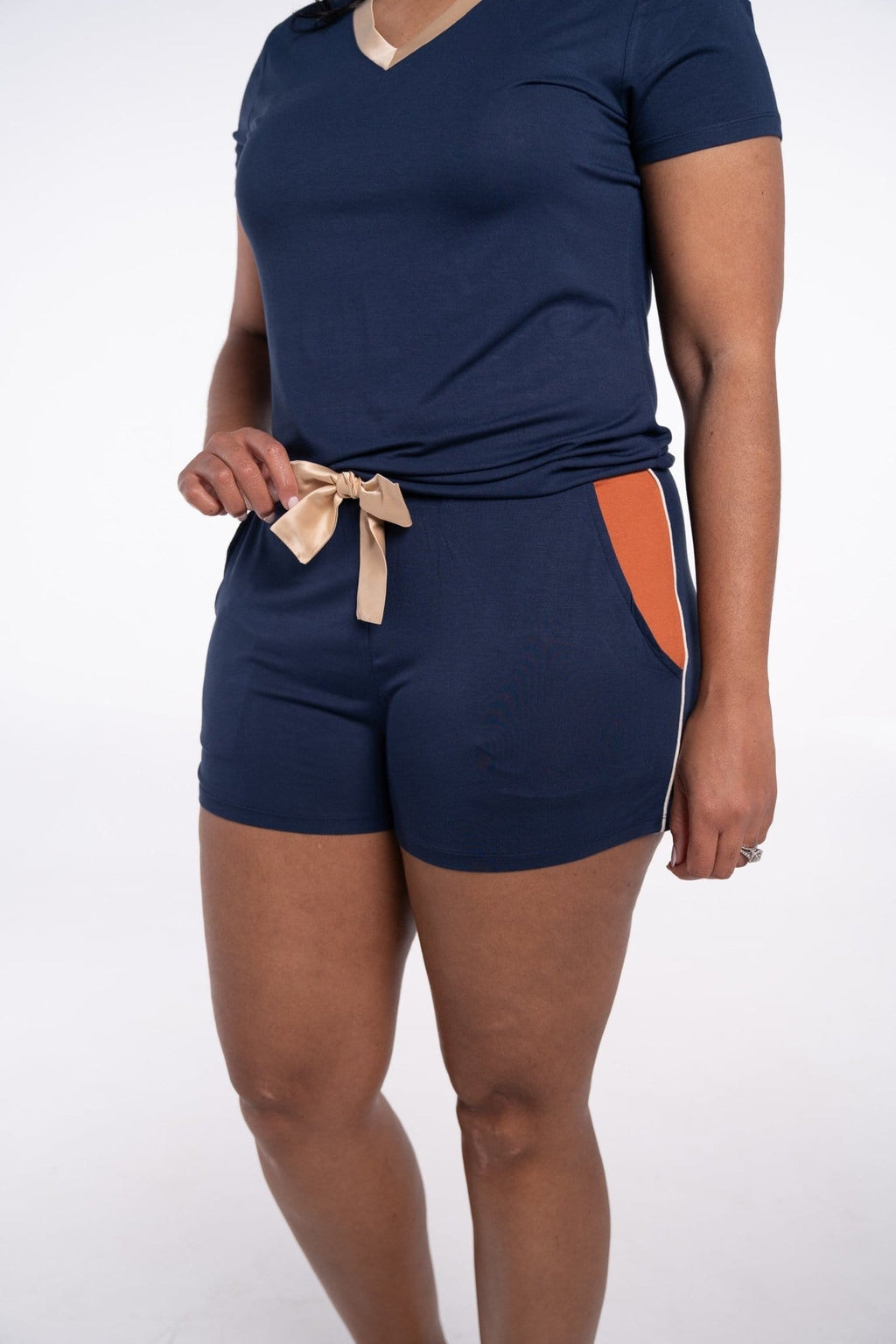 Rhea Cherie Short Set in navy blue with satin accent bow on shorts