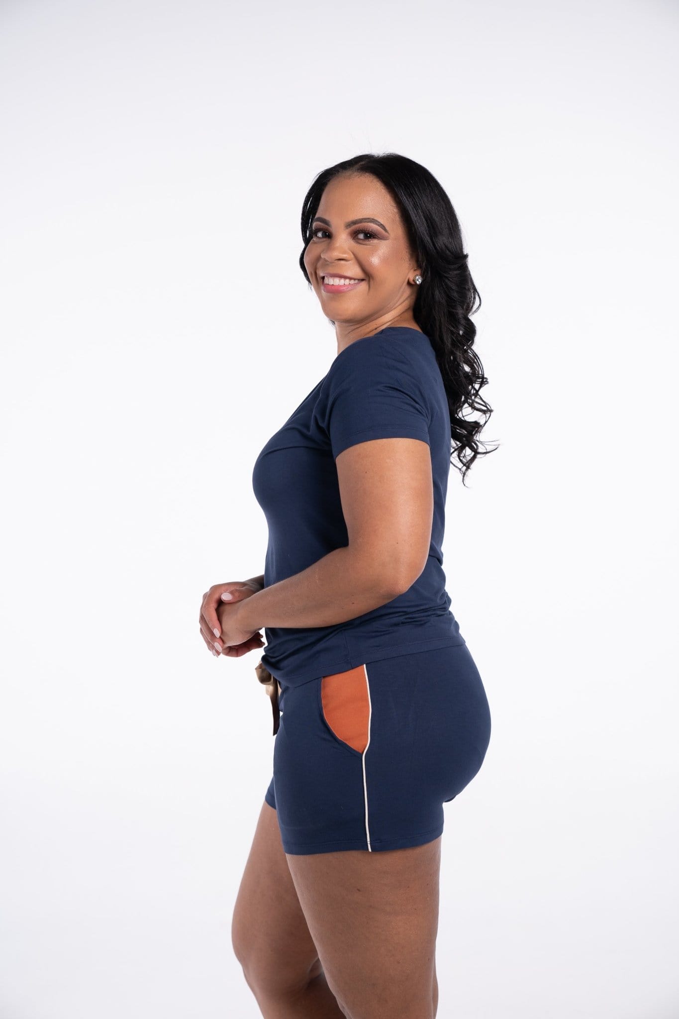 Rhea Cherie Short Set in navy blue with satin accent bow on shorts